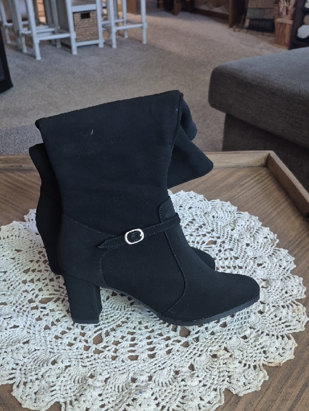easy street Black Suede Mid-Calf Heeled Boots with Buckle